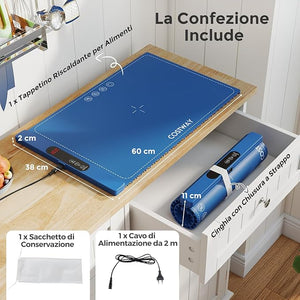 Tappetino Riscaldante per Alimenti, Scaldavivande Elettrico Arrotolabile in Silicone, con Tempo e Temperature Regolabili, Cinturino Autobloccante, per Scongelamento (60 x 38cm,Blu)