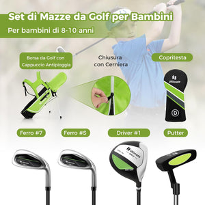 Set di Mazze da Golf per Bambini 8-10 Anni, Set Allenamento Golf con Sacca da Golf, Fodera Impermeabile, Driver 1, Ferro 7, Ferro S e Putter per Bambini e Bambine, Destrorso