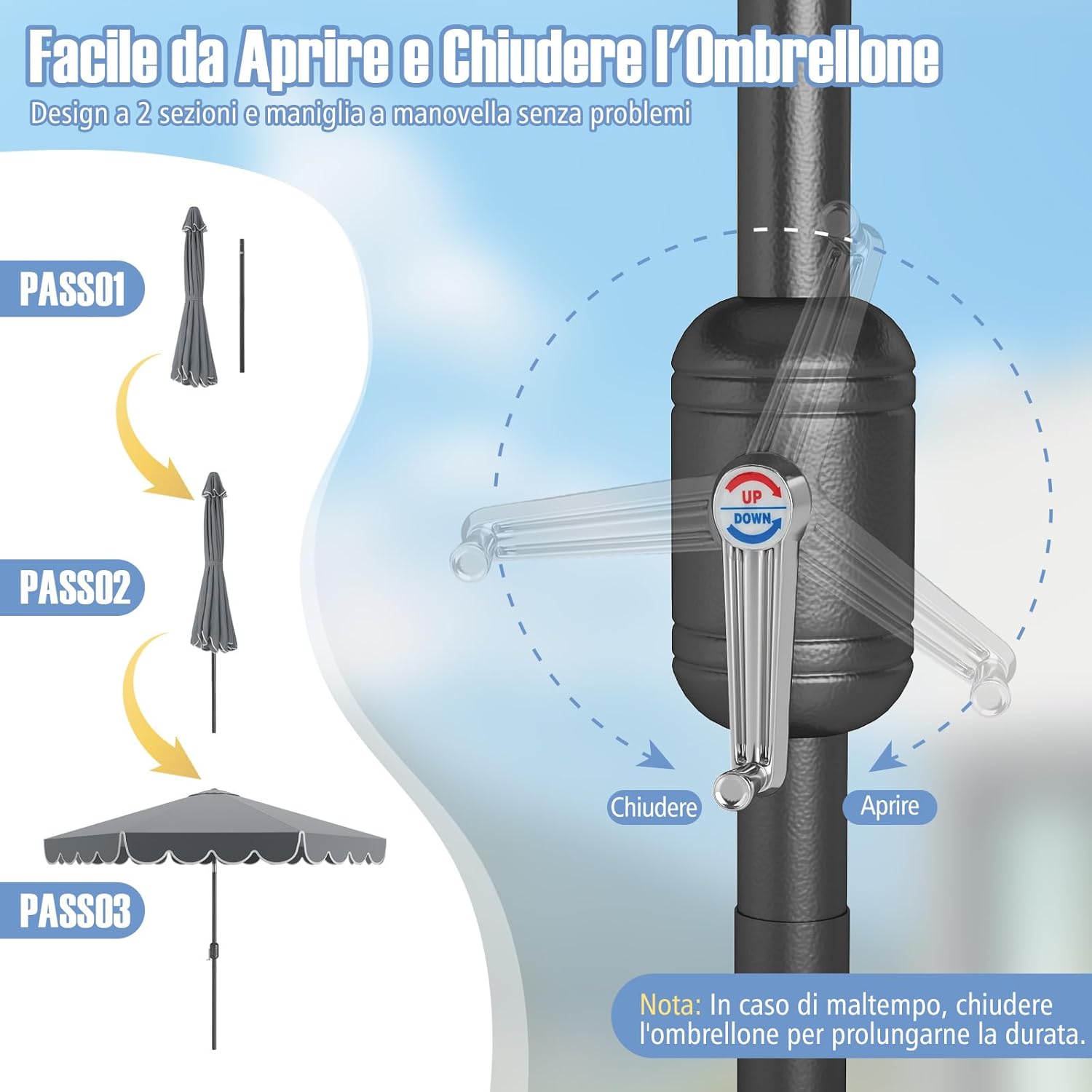 Ombrellone da Giardino 300 cm, Ombrellone Esterno con Manovella, Inclinazione Regolabile, Parasole Pieghevole con Doppio Tetto, 8 Stecche, per Giardino Piscina Patio (Grigio)