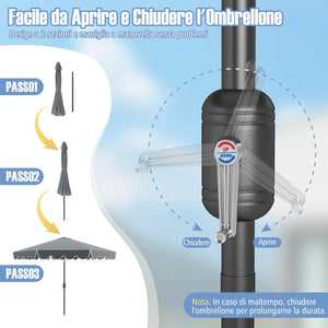 Ombrellone da Giardino 300 cm, Ombrellone Esterno con Manovella, Inclinazione Regolabile, Parasole Pieghevole con Doppio Tetto, 8 Stecche, per Giardino Piscina Patio (Grigio)