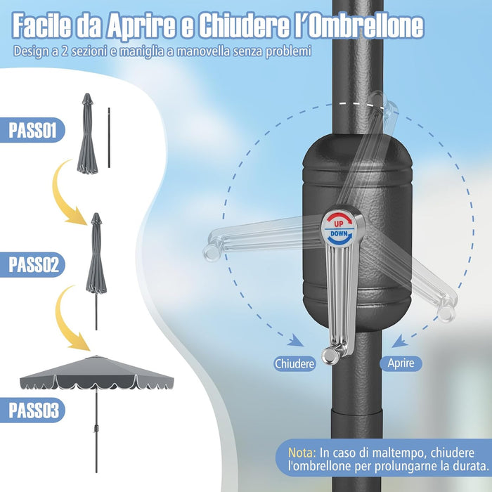 Ombrellone da Giardino 300 cm, Ombrellone Esterno con Manovella, Inclinazione Regolabile, Parasole Pieghevole con Doppio Tetto, 8 Stecche, per Giardino Piscina Patio (Grigio)