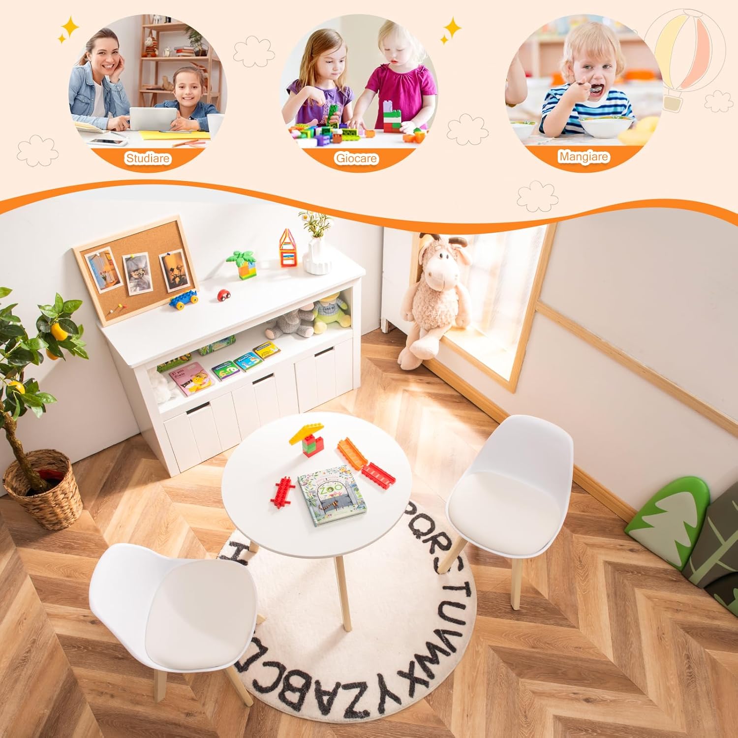 Set Tavolo e Sedie Bambini 3 Pezzi, Tavolino Rotondo per Bambini con 2 Sedie Imbottite, Mobili Cameretta per Bambini da 3 a 8 Anni