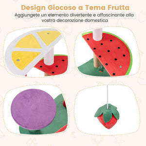 Tiragraffi per Gatti a Forma di Frutta, Albero Moderno per Animali Domestici Multilivello con Piattaforme, Palla di Fragola Pendente e Tiragraffi per Gatti