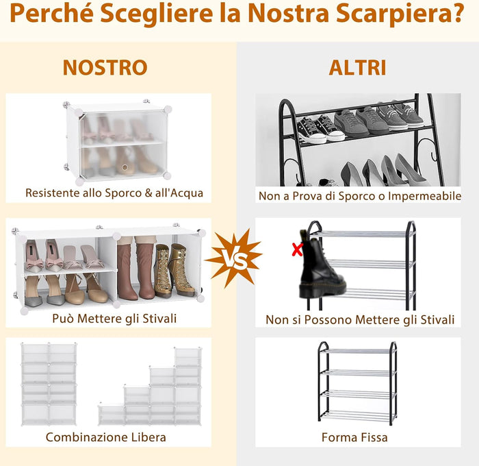 Scatole per Scarpe, Set di 12 Organizzatori Porta Scarpe Impilabili, Contenitore per Scarpe in PP Trasparente, per Ingresso, Corridoio e Armadio, Nero (Bianco)