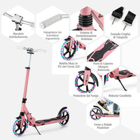 Scooter Monopattino a Spinta per Bambini Pieghevole e Regolabile in Altezza (91-106 cm), con Ruote Luminose e Cavalletto, Carico Massimo 100kg
