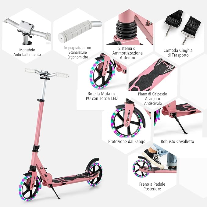 Scooter Monopattino a Spinta per Bambini Pieghevole e Regolabile in Altezza (91-106 cm), con Ruote Luminose e Cavalletto, Carico Massimo 100kg