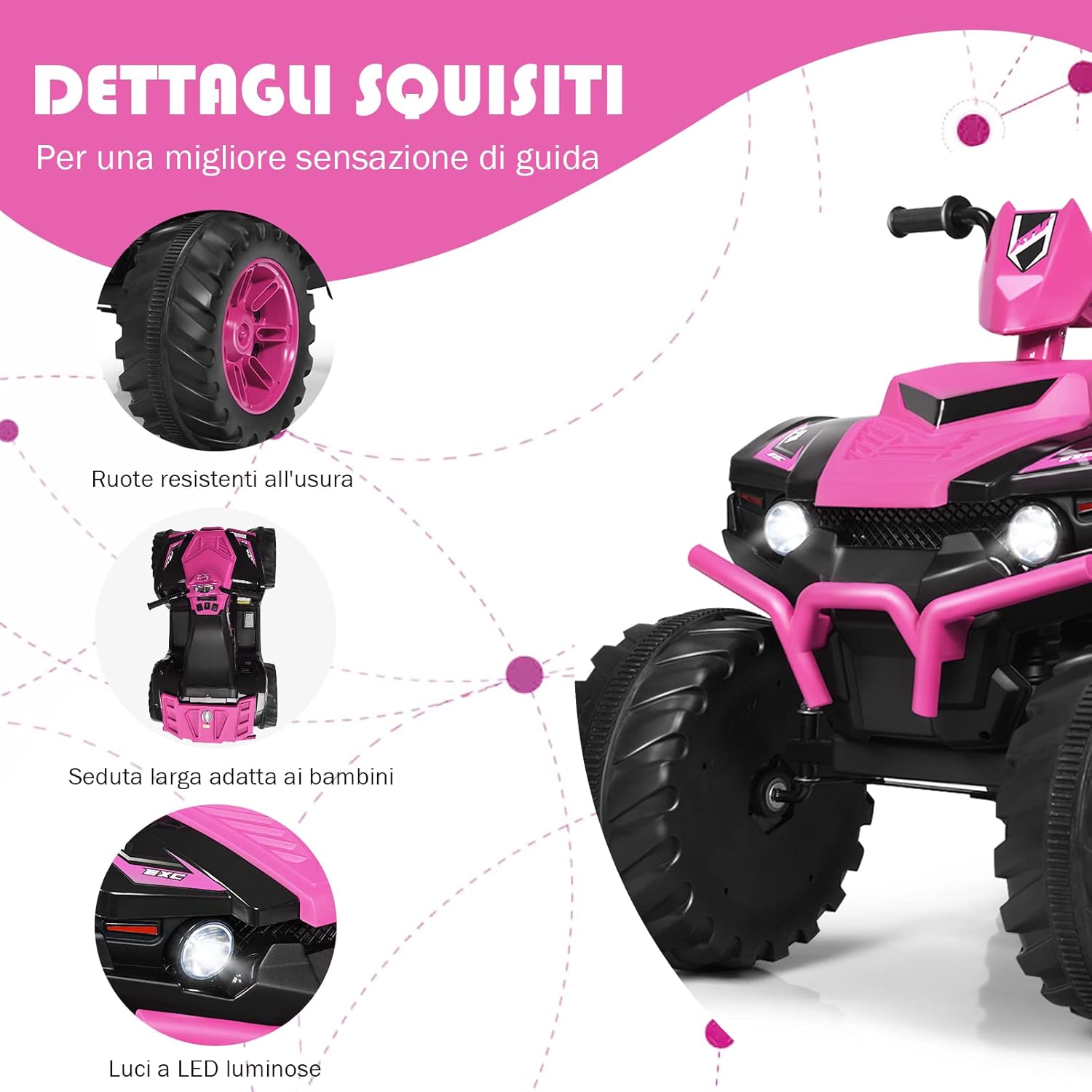 12 V Quad Elettrico per Bambini, Auto Elettrica Cavalcabile con Luci LED e Musica, Velocità Fino a 5km/h, per Bambini 3-7 Anni (Rosa)