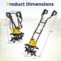 Motozappa Elettrica a Filo, Zappatrice da Giardino con Manico Ergonomico e Motore Forte, Motocoltivatore Pieghevole per Scavare Terreno del Prato (32,5 x 24 x 138 cm,Giallo)