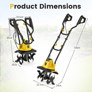Motozappa Elettrica a Filo, Zappatrice da Giardino con Manico Ergonomico e Motore Forte, Motocoltivatore Pieghevole per Scavare Terreno del Prato (32,5 x 24 x 138 cm,Giallo)