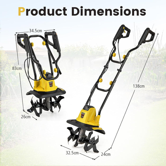 Motozappa Elettrica a Filo, Zappatrice da Giardino con Manico Ergonomico e Motore Forte, Motocoltivatore Pieghevole per Scavare Terreno del Prato (32,5 x 24 x 138 cm,Giallo)