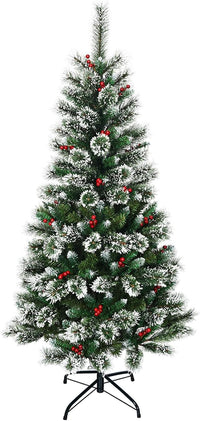 Albero di Natale Innevato 150/180/210/240 cm, Albero di Natale Artificiale con Rami, Bacche Rosse e Base di Metallo, Decorazione Natalizia per Casa, Negozio e Ufficio (150 CM)