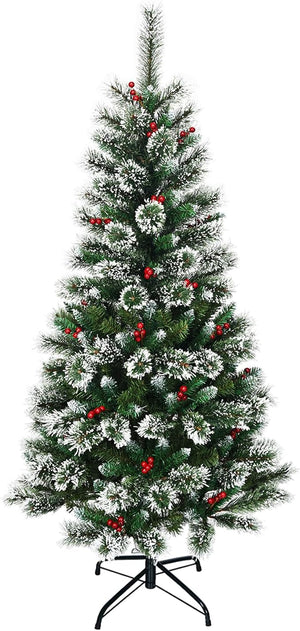 Albero di Natale Innevato 150/180/210/240 cm, Albero di Natale Artificiale con Rami, Bacche Rosse e Base di Metallo, Decorazione Natalizia per Casa, Negozio e Ufficio (150 CM)