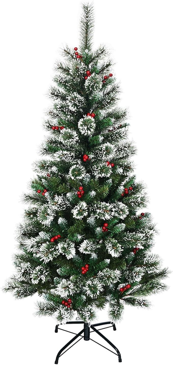 Albero di Natale Innevato 150/180/210/240 cm, Albero di Natale Artificiale con Rami, Bacche Rosse e Base di Metallo, Decorazione Natalizia per Casa, Negozio e Ufficio (150 CM)