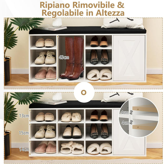 Panca Scarpiera da Ingresso, Scarpiera con Seduta Imbottito, 9 Scomparti e Armadio con Ante, Panca Contenitore con Ripiani Regolabili, per Camera da Letto Corridoio, 110,5x30x49 cm (Bianco)
