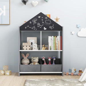 Libreria per Bambini, Organizzatore in Legno a Forma di Casa Bambole, con 2 in 1 Lavagne 4 Scomparti 2 Ripiani e 2 Cassetti, per Stanza Giochi Camera da Letto, 63x27x90 cm (Grigio)