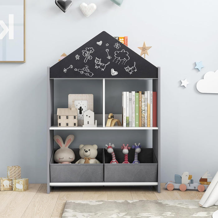 Libreria per Bambini, Organizzatore in Legno a Forma di Casa Bambole, con 2 in 1 Lavagne 4 Scomparti 2 Ripiani e 2 Cassetti, per Stanza Giochi Camera da Letto, 63x27x90 cm (Grigio)