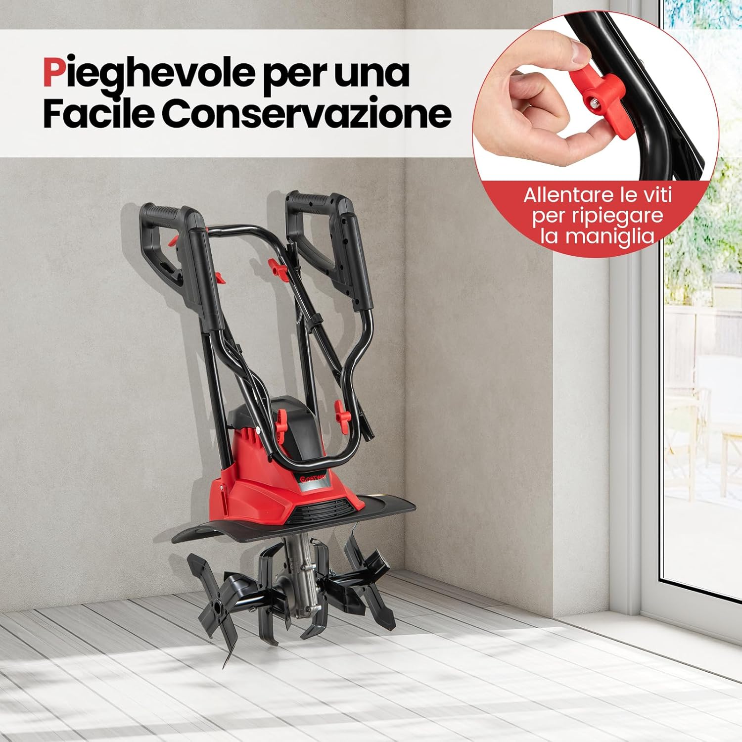 Motozappa Elettrica a Filo, Zappatrice da Giardino con Manico Ergonomico e Motore Forte, Motocoltivatore Pieghevole per Scavare Terreno del Prato (36,5 x 24 x 138 cm,Rosso)