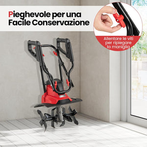 Motozappa Elettrica a Filo, Zappatrice da Giardino con Manico Ergonomico e Motore Forte, Motocoltivatore Pieghevole per Scavare Terreno del Prato (36,5 x 24 x 138 cm,Rosso)