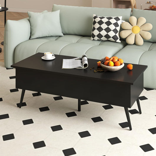 Tavolino da Caffè con Piano Sollevabile, Tavolino Moderno con 2 Scomparti Nascosti e Gambe in Metallo, Tavolo per Soggiorno, Studio e Ufficio, 111 x 48 x 40-53,5 cm (Nero)
