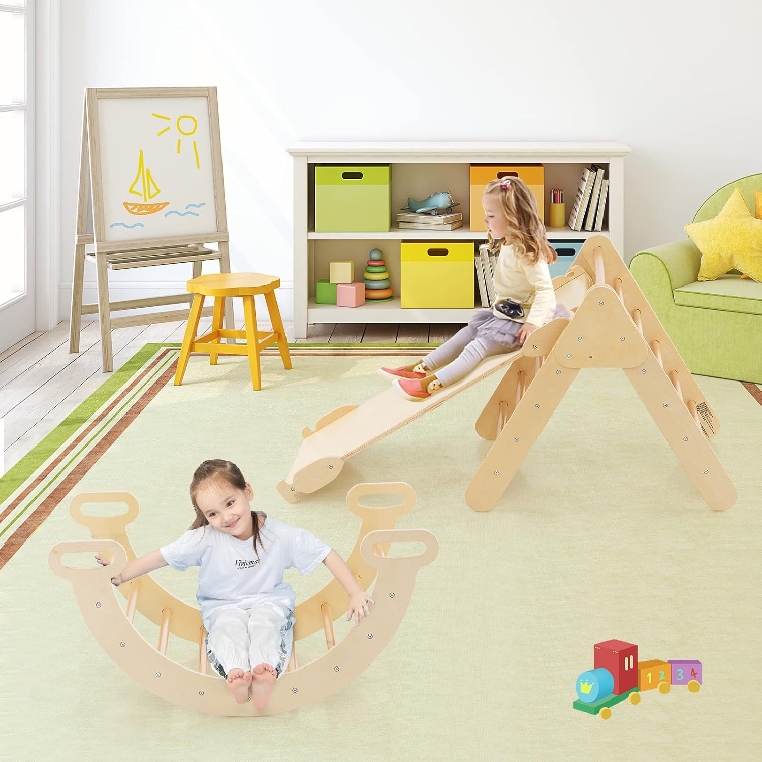 4 in 1 Set da Arrampicata per Bambini, Giocattoli da Arrampicata a Triangolo con Triangolo Arco e Salita, Ideale per Bambini 1 Anni + (Naturale)