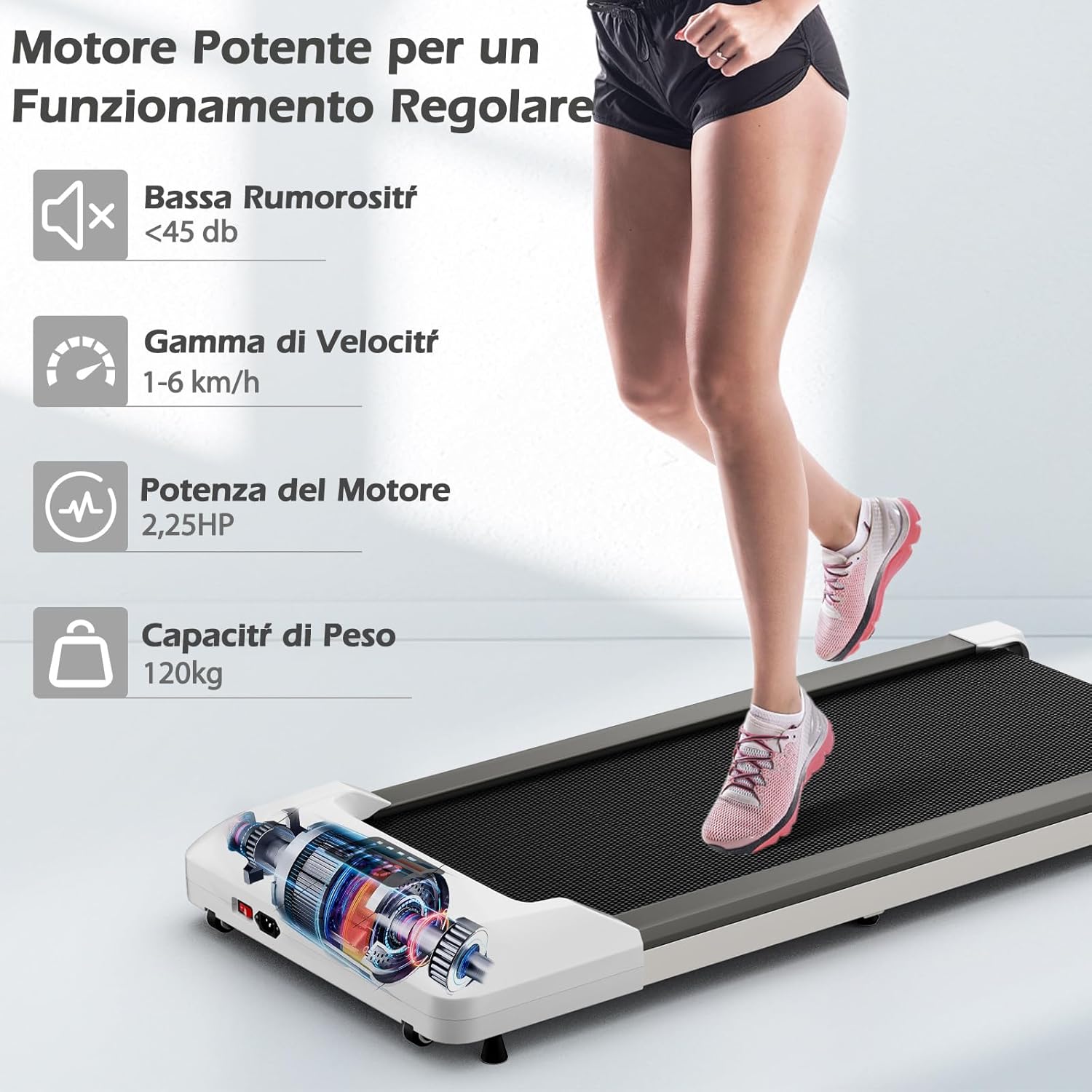 Tapis Roulant Elettrico senza Manubrio, Tapis Roulant sotto Scrivania con Portata di 120 kg, Telecomando e Display LED, Tapis Roulant per Camminare e Correre da Casa e Ufficio