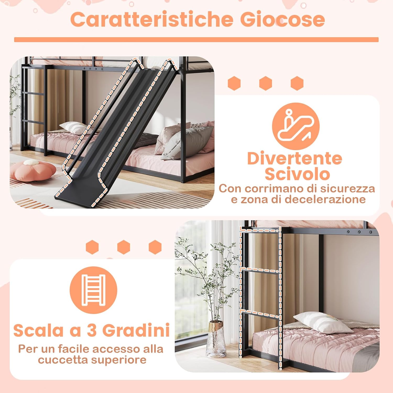 Letto a Castello per Bambini 90x200 cm, Letto Montessori con Scivolo Scala, Struttura in Metallo e Sponda di Sicurezza, Forma di Casa, senza Bisogno di Rete a Molle, Portata 110 kg (Nero)