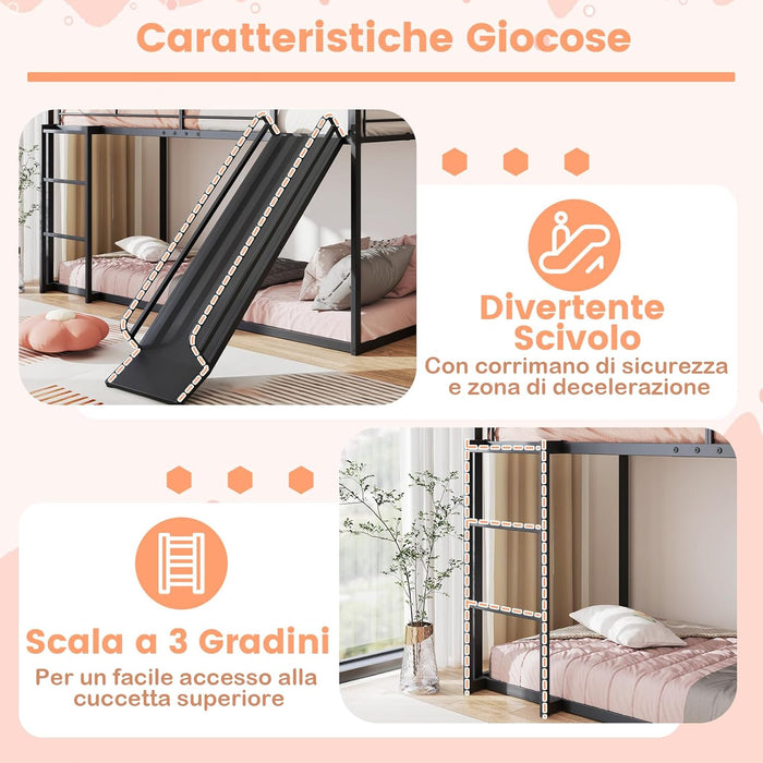 Letto a Castello per Bambini 90x200 cm, Letto Montessori con Scivolo Scala, Struttura in Metallo e Sponda di Sicurezza, Forma di Casa, senza Bisogno di Rete a Molle, Portata 110 kg (Nero)