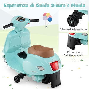 Moto Elettrica per Bambini, 6V Mini Moto per Bambini 18-36 Mesi, con Licenza Ufficiale Vespa, con Luci a LED e Suoni di Clacson, Portata 25 kg, 2 Ruote di Allenamento, 2,5 km/h (Blu)