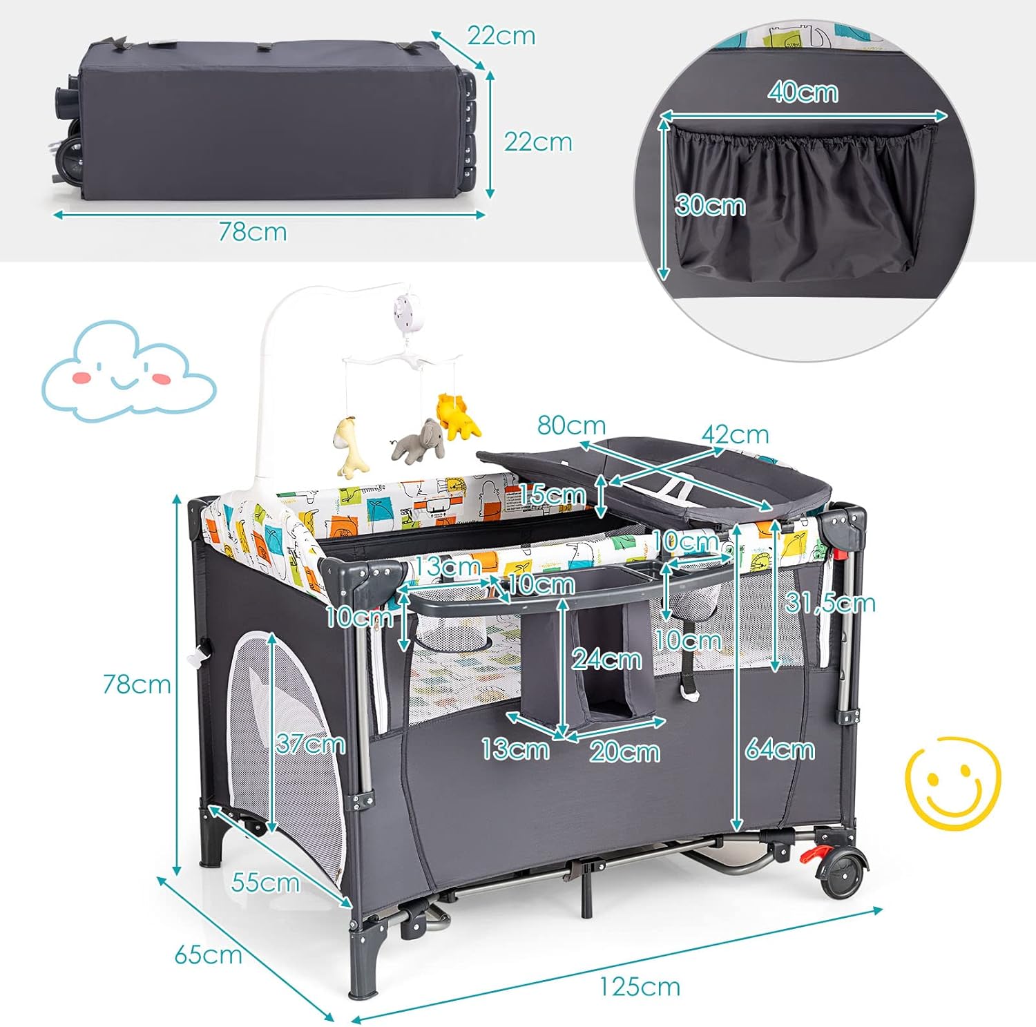 5 in 1 Lettino da Campeggio per Bambini, Lettino con Materasso per Neonato, Culla da Viaggio con Fasciatoio, Altezza Regolabile, Ruote con Freno, per Bambini 0-36 Mesi (Grigio)