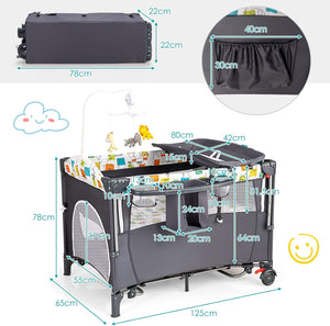 5 in 1 Lettino da Campeggio per Bambini, Lettino con Materasso per Neonato, Culla da Viaggio con Fasciatoio, Altezza Regolabile, Ruote con Freno, per Bambini 0-36 Mesi (Grigio)