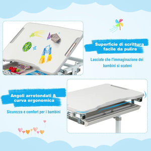 Set Scrivania e Sedia per Bambini, Set Tavolo con Altezza Regolabile per Bambini, Tavolo per Studiare con Superficie Inclinabile (Grigio)