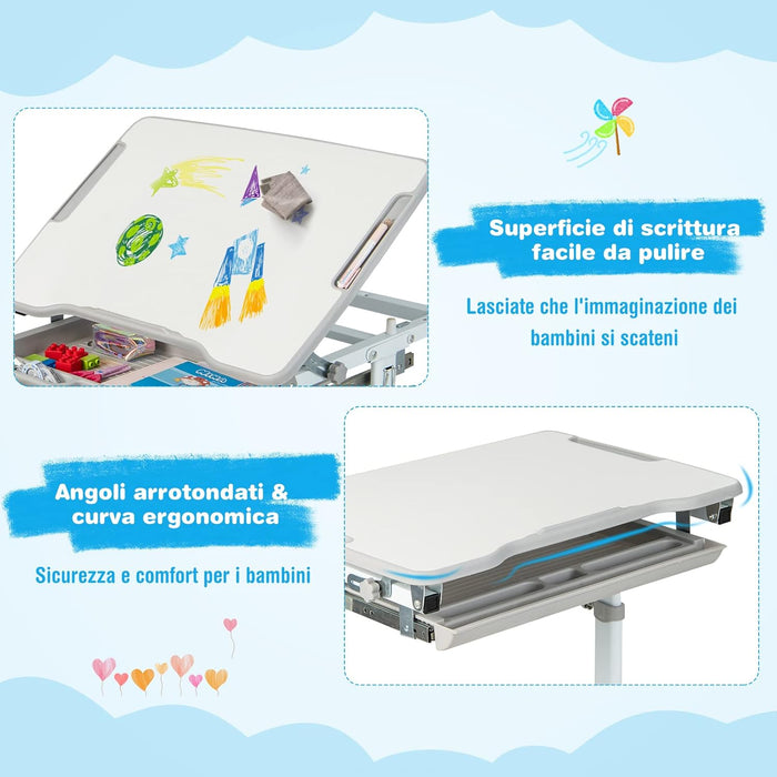 Set Scrivania e Sedia per Bambini, Set Tavolo con Altezza Regolabile per Bambini, Tavolo per Studiare con Superficie Inclinabile (Grigio)
