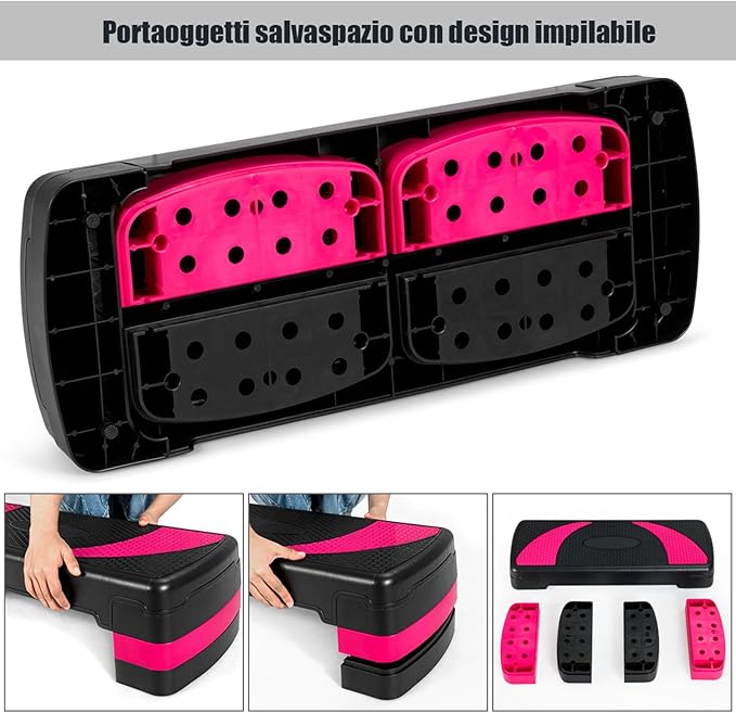 Stepper Fitness per Aerobica, Piattaforma Step 3 Altezze 10-15-20cm, Stepper Aerobic Ideale per Allenamento a Casa e Palestra, Nero Rosa