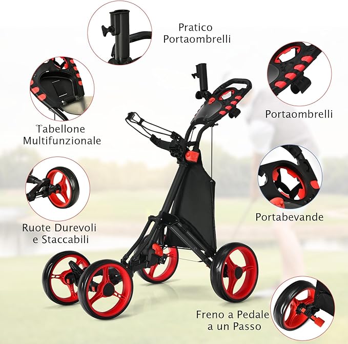 Carrello da Golf a Spinta e a Trazione, Carrello Golf Pieghevole Leggero a 4 Ruote con Borsa Impermeabile, Freno a Pedale, Porta Tazza e Porta Ombrello Regolabile