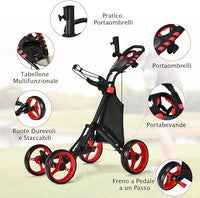 Carrello da Golf a Spinta e a Trazione, Carrello Golf Pieghevole Leggero a 4 Ruote con Borsa Impermeabile, Freno a Pedale, Porta Tazza e Porta Ombrello Regolabile