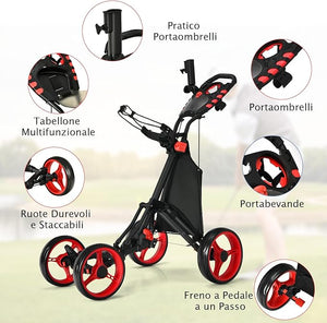 Carrello da Golf a Spinta e a Trazione, Carrello Golf Pieghevole Leggero a 4 Ruote con Borsa Impermeabile, Freno a Pedale, Porta Tazza e Porta Ombrello Regolabile