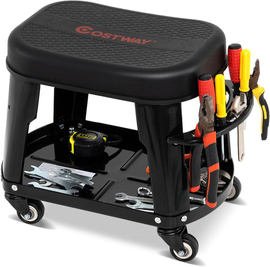 Sgabello da Officina con Ruote Universali e Vassoio Porta Attrezzi, Sgabello Meccanico con Maniglia Porta Utensili, Sedia da Garage con Sedile Rimovibile, Portata di 136 kg, 44 x 27 x 35 cm