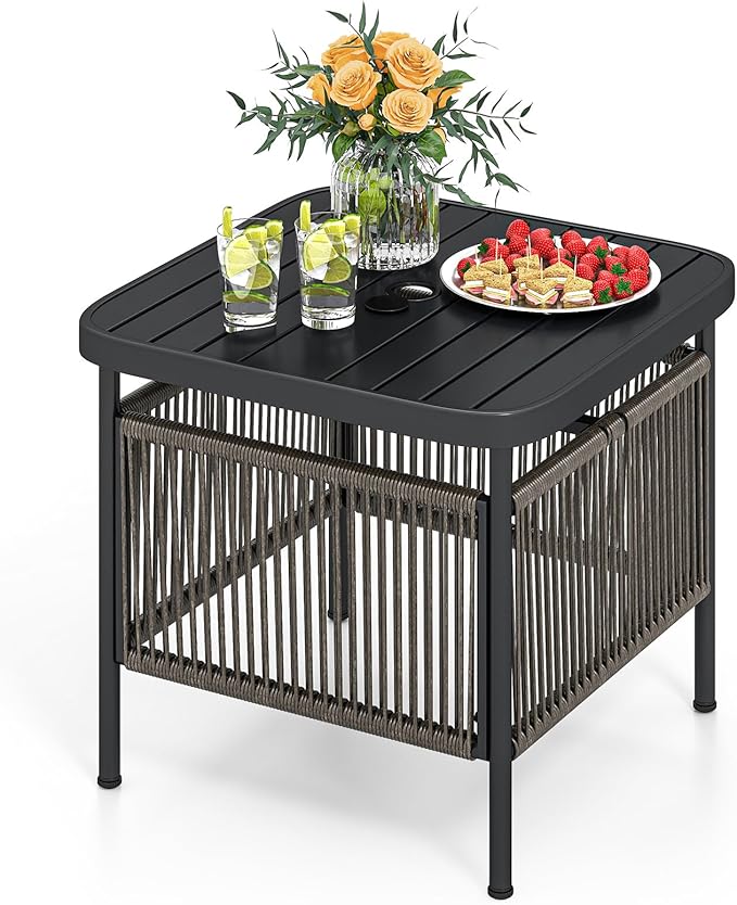 Tavolino da Giardino con Foro per Ombrellone 4 cm, Tavolino da Patio per Veranda, con Gambe in Metallo, Portata 50 kg