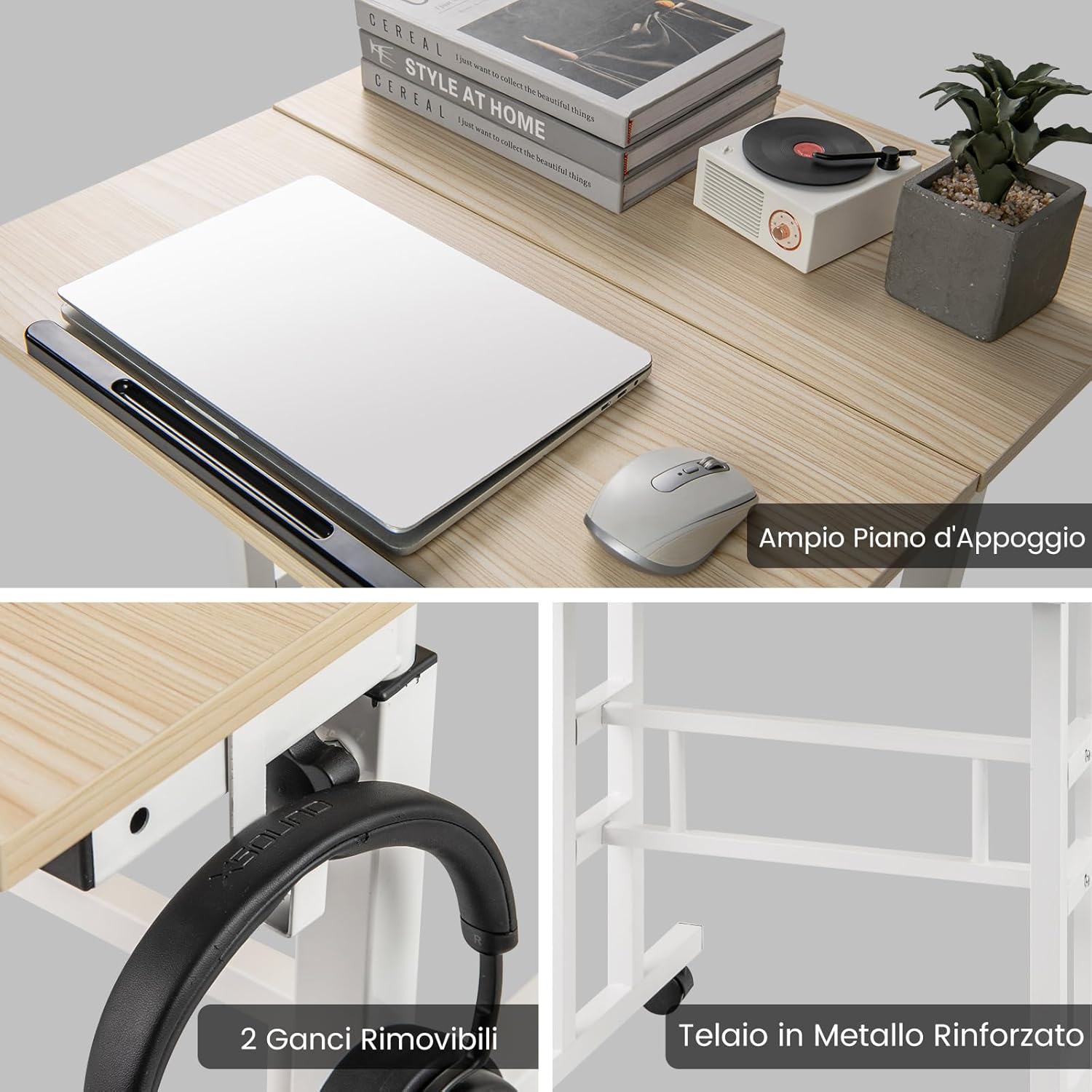 Scrivania per Computer Regolabile in Altezza, Postazione di Lavoro per Computer con Ruote e Ganci, Tavolo Porta PC per Studio e Ufficio, 60 x 60 x 72-124 cm (Naturale)