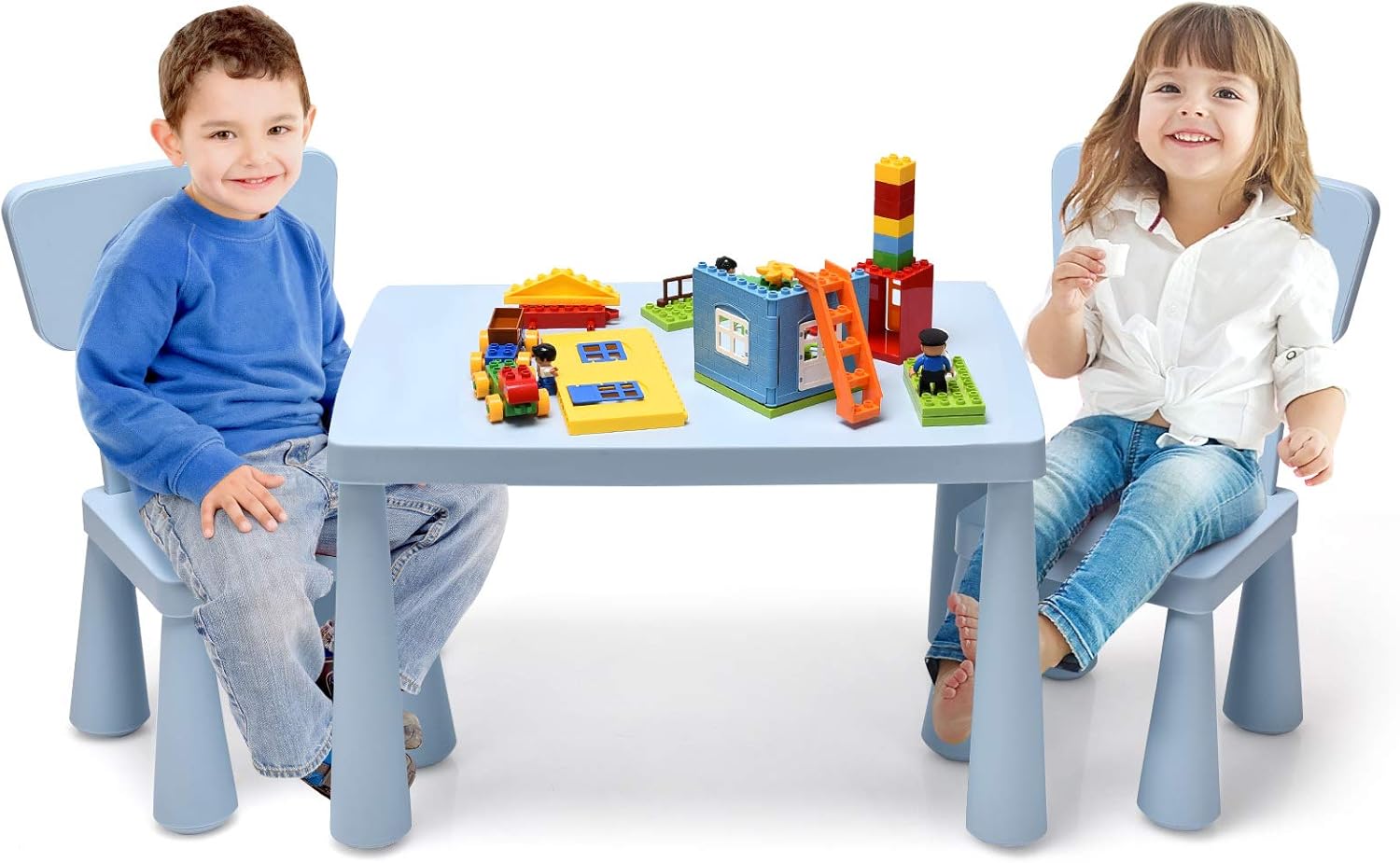 Set di Tavolo e Sedie per Bambini, Multifunzione, Tavolo e 2 Sedie da Gioco, Facile da Montare, capacità di Carico 50 kg, 76,5 x 54,5 x 49,5 cm, Blu