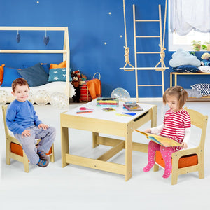 Tavolino Bambini 3 in 1, Set Tavolo e Sedie per Bambini con Lavagna Rimovibile e 2 Sedie con Cestini Portaoggetti, Scrivania Multiuso per Cameretta e Soggiorno (Legno)
