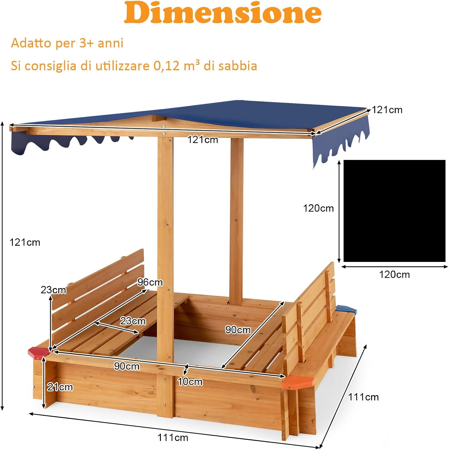 Sabbiera per Bambini in Legno con Tendina, Senza Fondo con 2 Panche Convertibili e Angoli Protettivi, Adatto per Cortile Prato Giardino Spiaggia, 121x121x121 cm