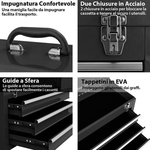 Cassetta Portautensili, Valigetta per Attrezzi con 3 Cassetti + Vassoio, 52 x 21,5 x 30 cm (Nero)