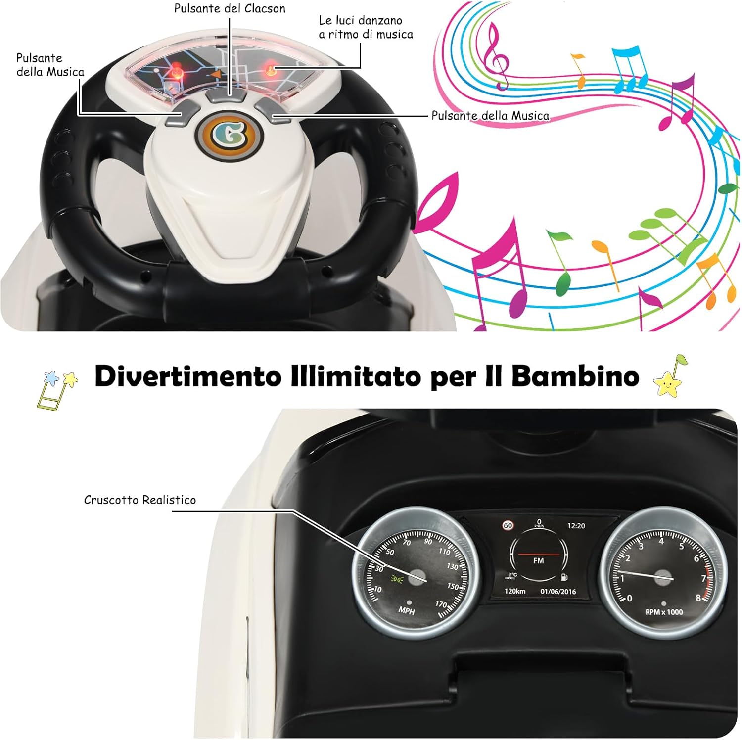 3 in 1 Macchina Cavalcabile a Spinta per Bambini, con Clacson Musica Luce Portaoggetti Sotto Sedile, Auto a Spinta per Bambini di 1-3 Anni (Bianco)