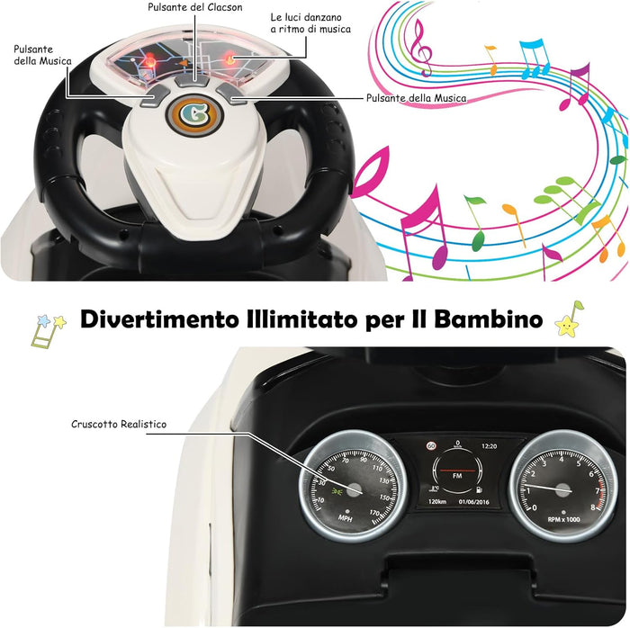 3 in 1 Macchina Cavalcabile a Spinta per Bambini, con Clacson Musica Luce Portaoggetti Sotto Sedile, Auto a Spinta per Bambini di 1-3 Anni (Bianco)
