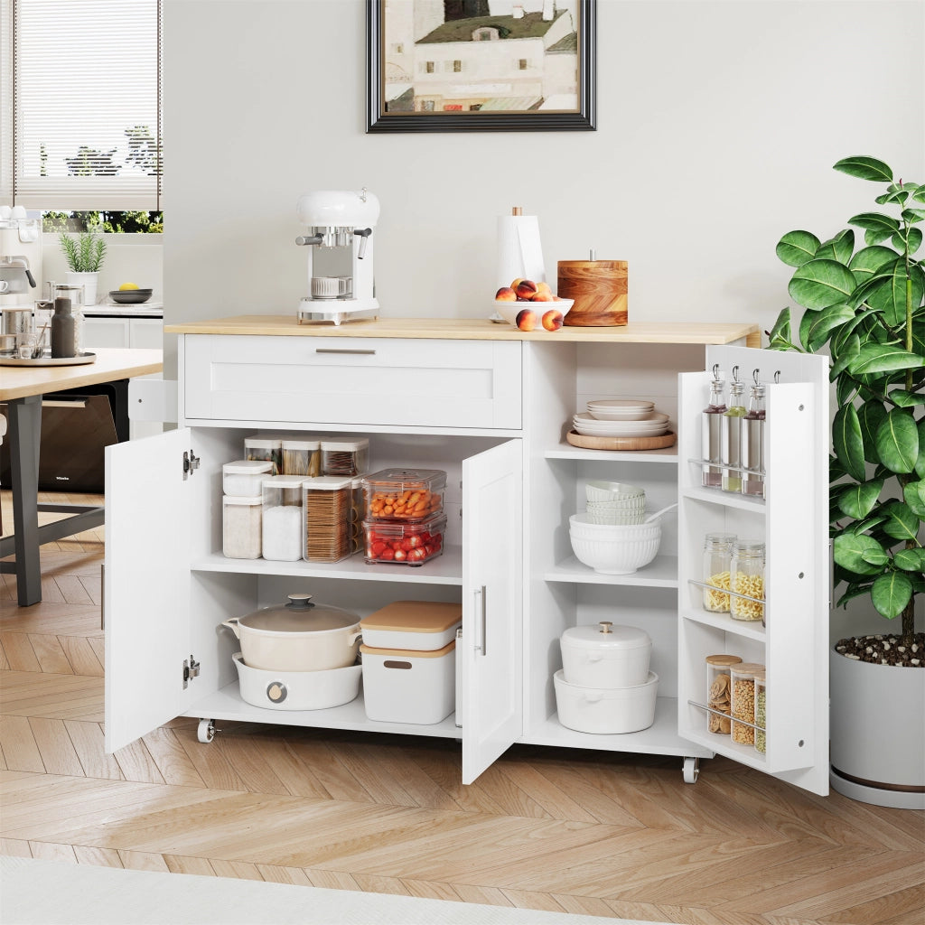 Isola da Cucina Mobile 132;5x44/70x90 cm con Piano Ribaltabile; Mobile Contenitore; Portaspezie; Portasciugamani e 5 Ruote