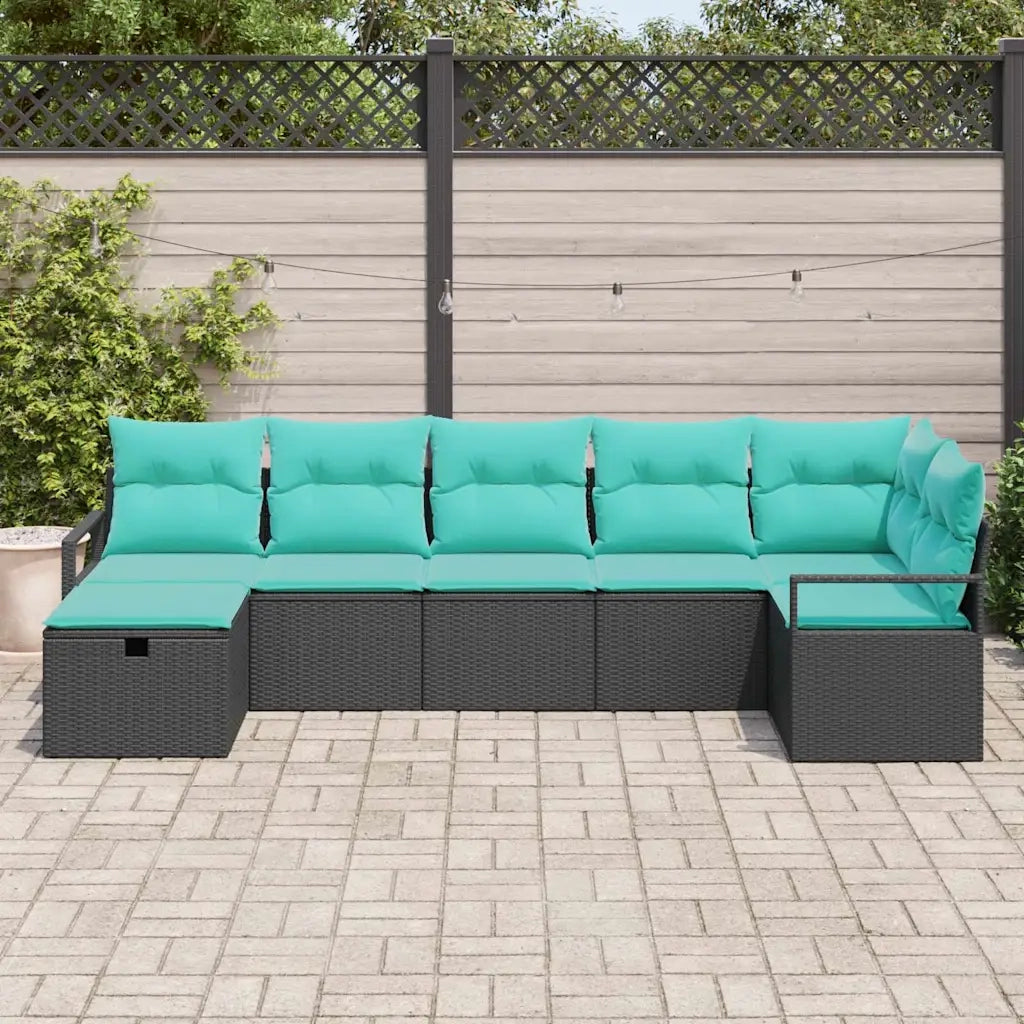 Set di divani con cuscino 7 pcs Nero e Turchese polyrattan
