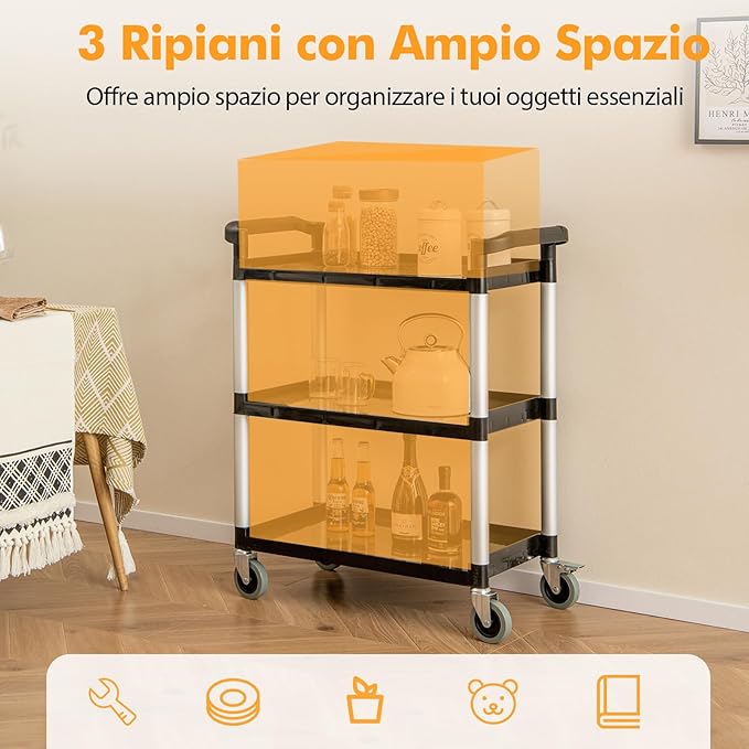 Carrello Portautensili Attrezzi a 3 Livelli, Carrello di Servizio da Officino con Rutoe Bloccabili, Doppie Maniglie e Struttura Robusta in Alluminio, Portata 225kg, per Magazzino e Cucina