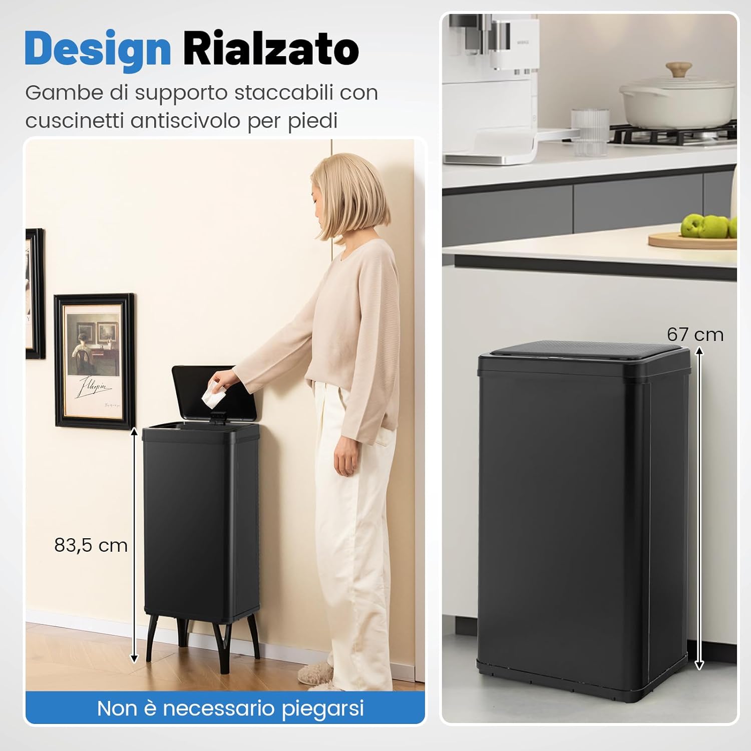 Bidone per Spazzatura in Acciaio Inossidabile 50L, Cestino per Spazzatura Automatico con Sensore di Movimento e Coperchio Rimovibile, con Gambe Staccabili per Cucina Ufficio (Nero)
