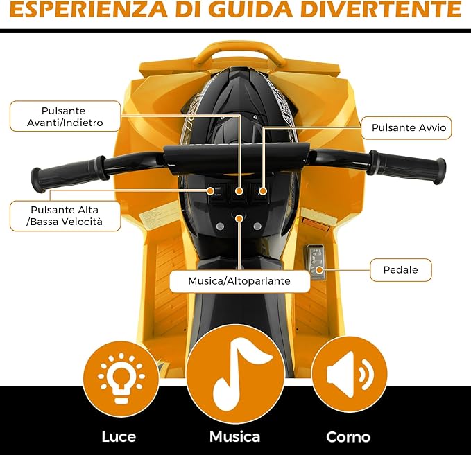 12V Quad Elettrico per Bambini, Macchina Elettrica con Velocità Alta/Bassa, Sedile Comodo Fari Corno e Musica, Auto Elettrica Cavalcabile 2,2/4,3 km/h (Giallo)
